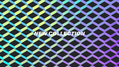 Animation-of-new-collection-text-over-glowing-and-colorful-geometrical-shapes