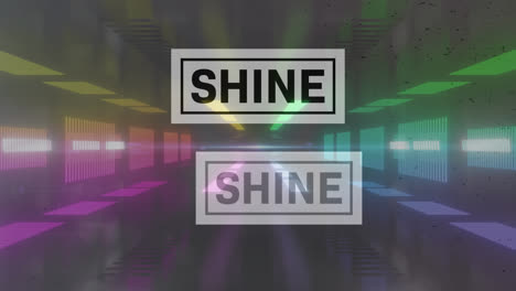 Animation-of-shine-text-in-black-and-white-letters-over-colorful-distortions