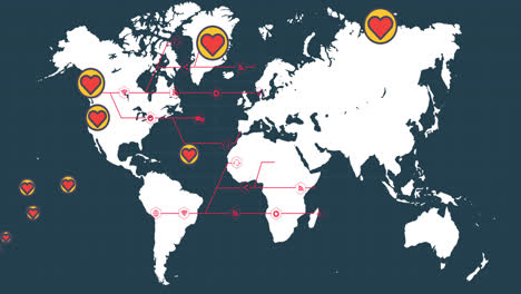 Múltiples-Iconos-De-Corazón-Sobre-El-Mapa-Mundial-Contra-El-Fondo-Azul.