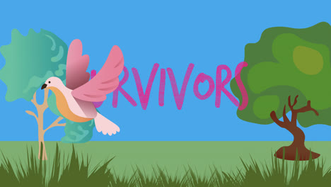 Animation-Eines-Rosafarbenen-„Survivor“-Textes-über-Bäumen-Und-Vögeln