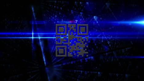 Digital-animation-of-glowing-neon-red-qr-code-against-rows-of-changing-numbers-on-blue-background