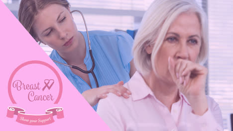 Animation-of-pink-ribbon-logo-with-breast-cancer-text-over-female-doctor-and-patient