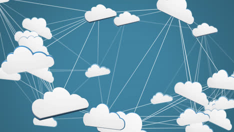 Digitale-Animation-Eines-Netzwerks-Aus-Mehreren-Cloud-Symbolen-Vor-Blauem-Hintergrund