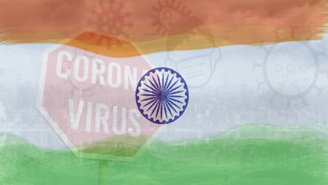Composición-De-Iconos-De-Covid-19-Y-Señal-De-Stop-De-Coronavirus-Sobre-Bandera-India