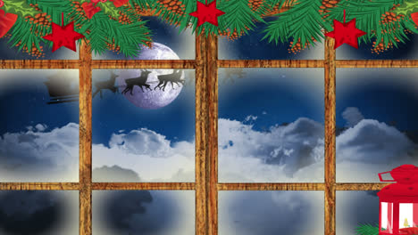 Animation-Einer-Winterlandschaft-Mit-Weihnachtsdekoration,-Gesehen-Durch-Ein-Fenster