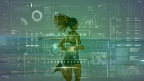 Animation-of-scope-scanning-and-data-processing-over-fit-woman-running-by-seaside