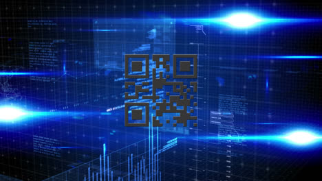 Digital-animation-of-neon-qr-code-against-spots-of-light-and-data-processing-on-blue-background