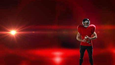 Animation-of-american-football-player-in-helmet-pointing-with-ball-over-glowing-red-background