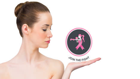 Animation-of-pink-breast-cancer-ribbon-logo-with-breast-cancer-text-over-young-woman