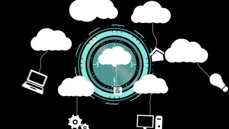 Animation-of-white-clouds-with-hanging-media-icons-over-clock-with-moving-hands-on-black-background