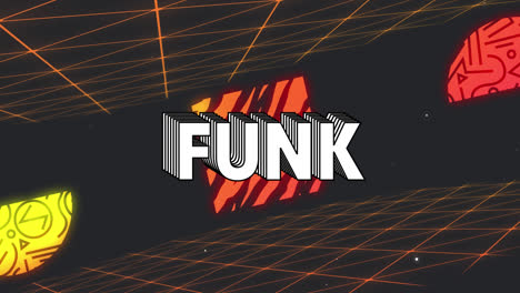 Animation-of-funk-text-over-colorful-shapes-and-orange-grid