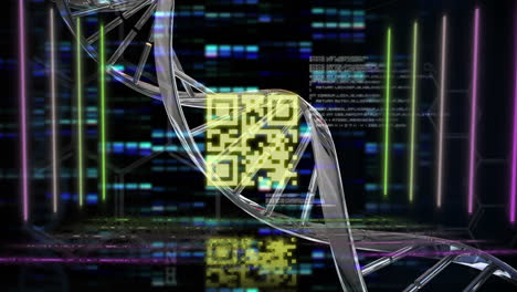 Digitale-Animation-Eines-Neongelben-QR-Codes-über-Der-DNA-Struktur-Und-Mosaikquadraten-Auf-Schwarzem-Hintergrund