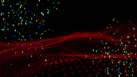 Animation-of-colourful-confetti-falling,-over-undulating-red-dot-landscape-on-black-background