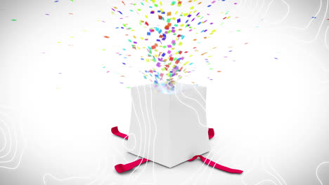 Animation-of-white-lines-over-confetti-and-present-on-white-background