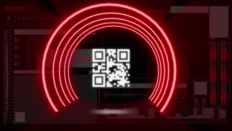 Digital-animation-of-glowing-qr-code-and-neon-circles-over-digital-interface-with-data-processing