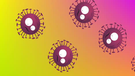 Animation-Von-Covid-19-Zellen-Mit-Augen-Auf-Rosa-Bis-Gelbem-Hintergrund