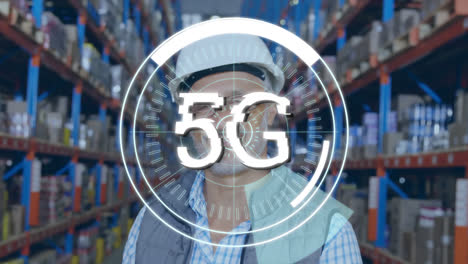 5g-text-over-round-scanner-against-portrait-of-caucasian-male-supervisor-smiling-at-warehouse