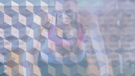 Animation-of-white-squares-over-woman-exercising