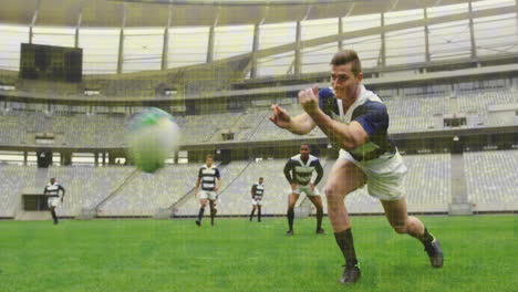 Animation-of-colourful-squares-over-male-rugby-players-at-stadium