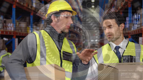 Round-scanner-against-caucasian-male-worker-and-supervisor-talking-to-each-other-at-warehouse
