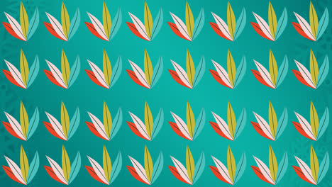 Animation-of-rows-of-multi-coloured-leaves-on-blue-background