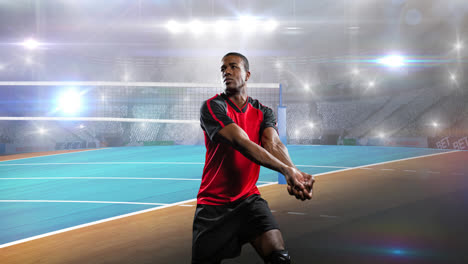 Animation-of-male-netball-player-over-sports-stadium-and-spotlights
