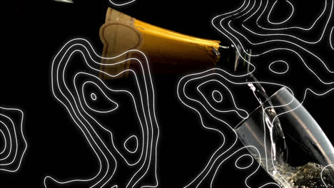 Animation-of-contour-lines-moving-over-champagne-bottle-pouring-into-glass-on-black-background