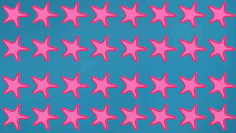Animation-of-rows-of-pink-starfish-on-blue-background