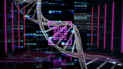Digitale-Animation-Eines-Neongelben-QR-Codes-über-Der-DNA-Struktur-Und-Mosaikquadraten-Auf-Schwarzem-Hintergrund