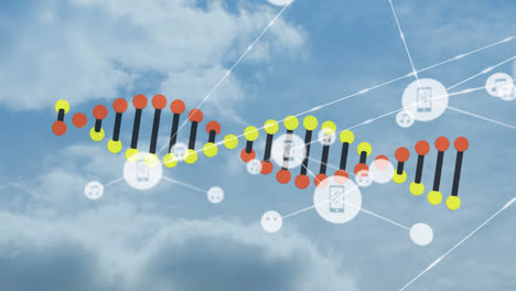 Animation-of-network-of-connections-with-people-icons-and-dna-strand-spinning-on-sky