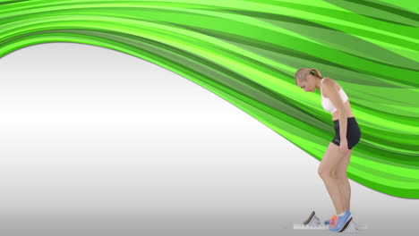 Animation-of-female-runner-in-starting-blocks-over-glowing-green-trails-on-white-background