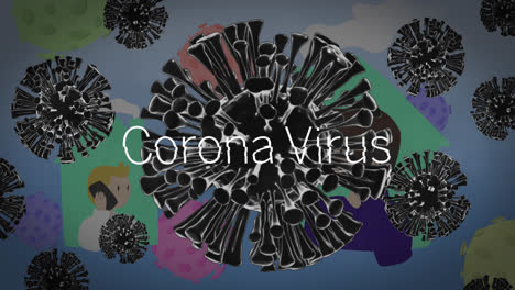 Texto-De-Coronavirus-Sobre-Células-Covid-19-Contra-Un-Hombre-Y-Una-Mujer-Hablando-Por-Teléfono-Inteligente-En-Los-Iconos-De-Casa