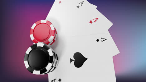Animation-Von-Casino-Chips-Und-Spielkarten-über-Einem-Hintergrund-Mit-Farbverlauf-Von-Lila-Nach-Rosa