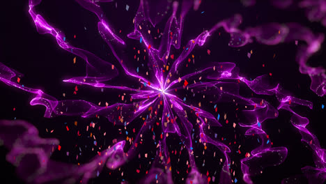 Animation-of-gold-confetti-falling,-with-glowing-pink-energy-network,-on-black-background