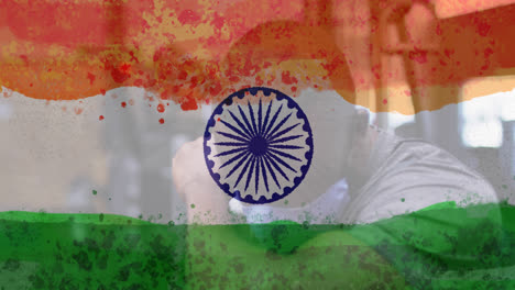 Komposition-Eines-Mannes-Mit-Gesichtsmaske-über-Der-Indischen-Flagge