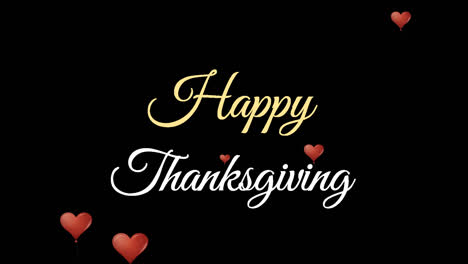 Happy-Thanksgiving-Text-über-Mehreren-Roten-Herzsymbolen,-Die-Vor-Schwarzem-Hintergrund-Fallen
