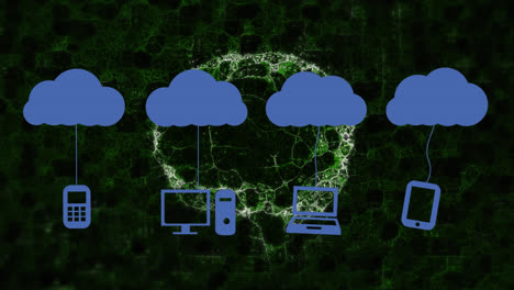 Animation-of-blue-clouds-with-hanging-media-icons-over-brain-and-network-of-connections-on-black