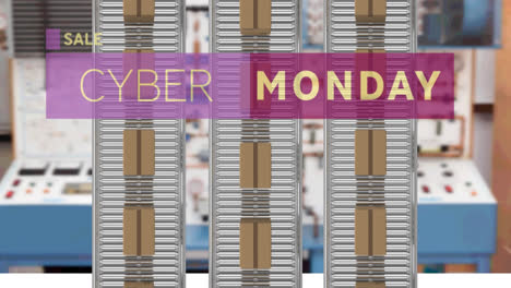 Animation-Des-Cyber-Monday-Textes-über-Kartons-Auf-Förderbändern-Im-Lager