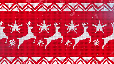 Snowflakes-falling-over-reindeer-christmas-traditional-pattern-on-seamless-pattern-on-red-background