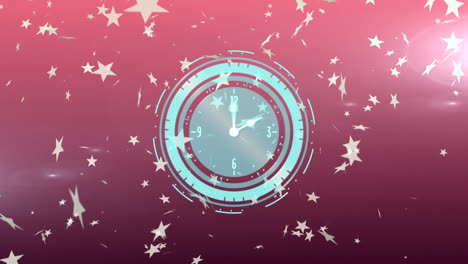Animation-of-clock-moving-and-stars-falling-on-pink-background