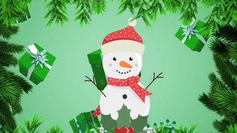 Animation-of-falling-gifts-over-snowman-and-fir-tree-branches