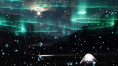 Animation-of-snow-falling-over-aurora-borealis-light-trails-and-winter-landscape