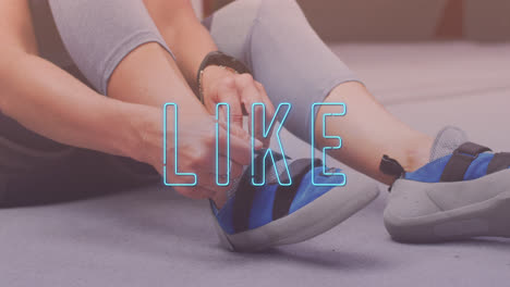 Neon-blue-like-text-banner-against-mid-section-of-woman-tying-her-shoelaces-at-the-gym