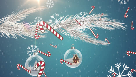 Multiple-candy-cane-icons-falling-against-christmas-decorations-hanging-on-a-branch