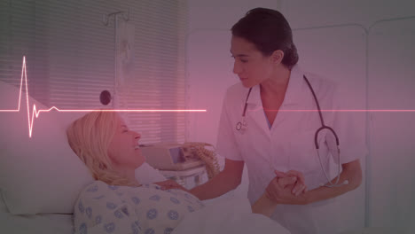Animation-Des-Kardiogramms-über-Verschiedene-Arzt--Und-Patientenhintergründe