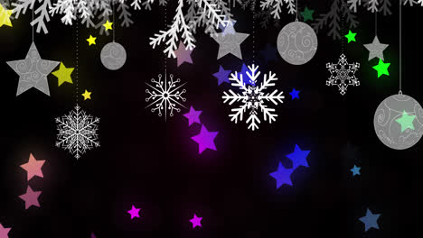 Animation-of-christmas-decoration-over-colorful-glowing-stars