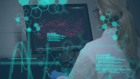 Animation-of-data-processing-and-molecules-over-female-doctor-using-computer