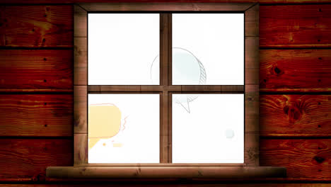 Wooden-window-frame-against-multiple-speech-bubbles-floating-against-white-background