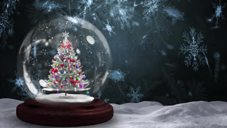 Snowflakes-falling-over-christmas-tree-in-a-snow-globe-on-winter-landscape-against-grey-background