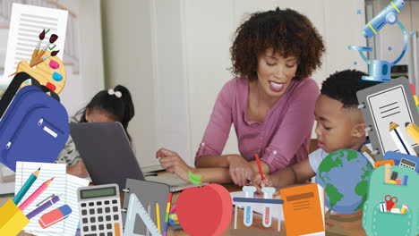 Animation-of-school-items-over-african-american-mother-and-children-learning-at-home